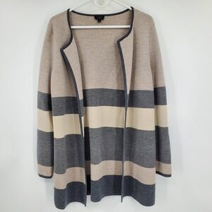 Talbots Pure Merino Wool Striped Open Front Cardigan Sweater Beige Grey Medium